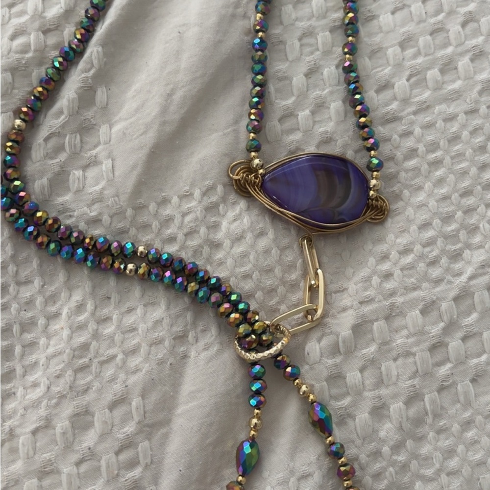 Purple & Gold Accents Wire-Wrapped Tassel Necklace, Earrings Handmade, Long - Picture 4 of 5